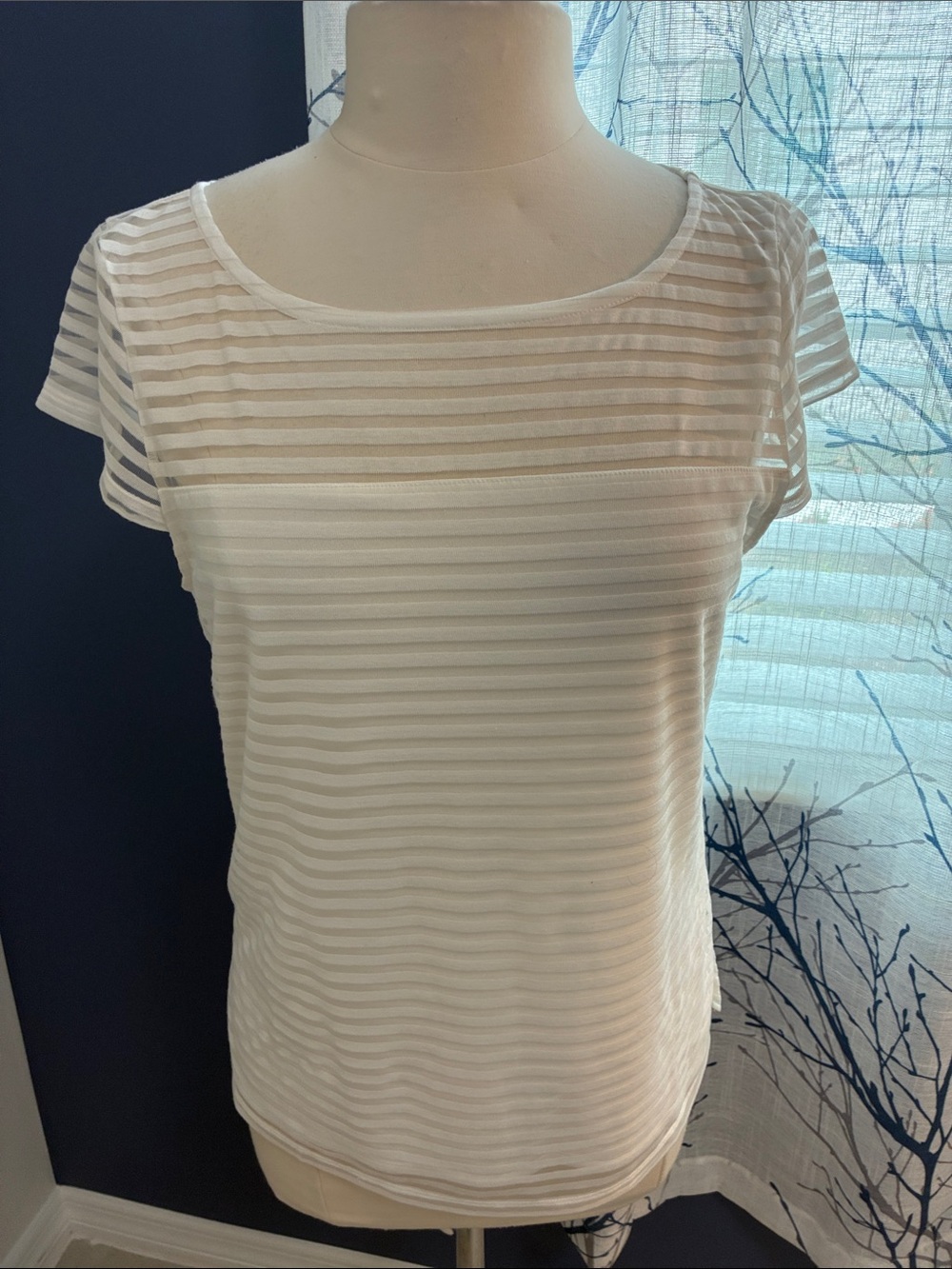 White House Black Market White Sheer Stripe Short Sleeve Top